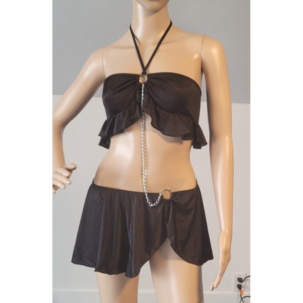 Women 3Pcs Set Sexy Women Blk Cosplay Costumes Outfits Crop Top & Skirt G-String